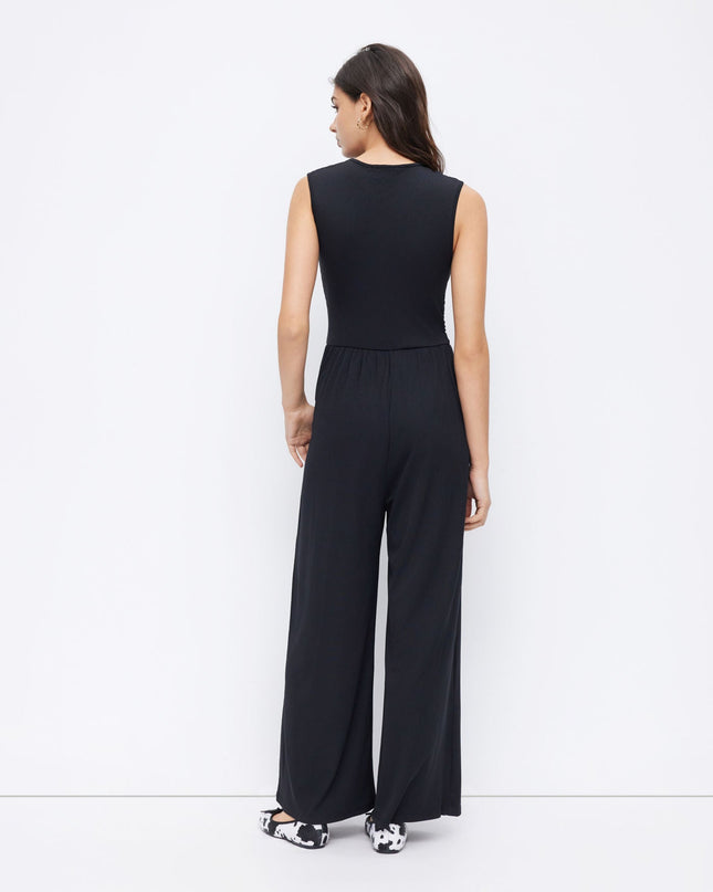 Eleanor | V-neck Ruched Solid Wide Leg Jumpsuit