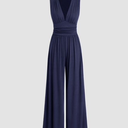 Eleanor | V-neck Ruched Solid Wide Leg Jumpsuit