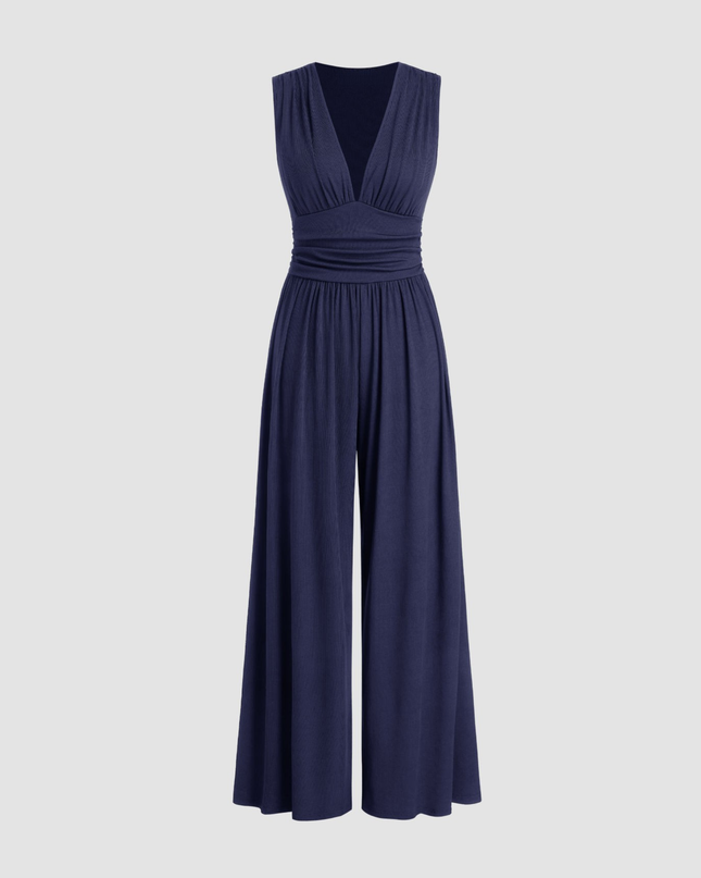 Eleanor | V-neck Ruched Solid Wide Leg Jumpsuit
