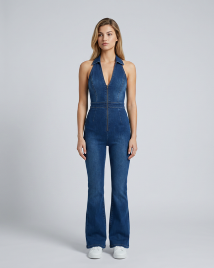 Madeline | Flare Leg Zip-Front Denim Jumpsuit