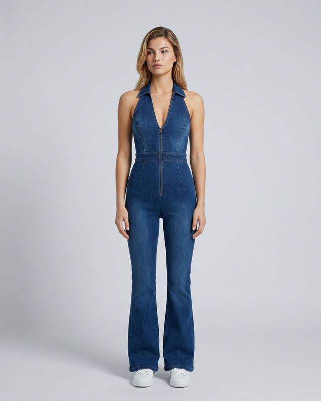 Madeline | Flare Leg Zip-Front Denim Jumpsuit