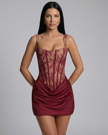 Evelyn | Lace Corset Mini Dress with Draped Skirt