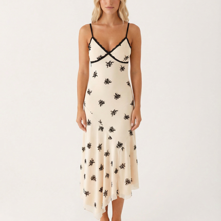 Marsha | Midi Dress with Lace Trim and Floral Embroidery