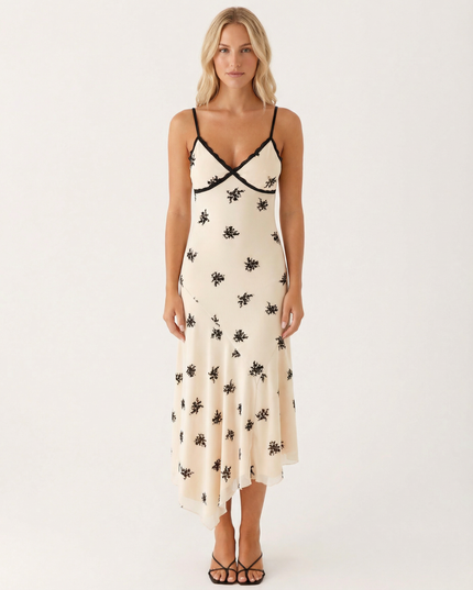 Marsha | Midi Dress with Lace Trim and Floral Embroidery
