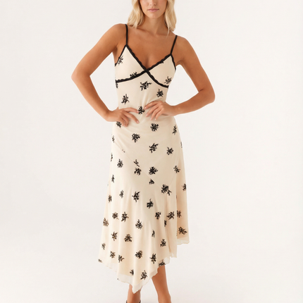 Marsha | Midi Dress with Lace Trim and Floral Embroidery