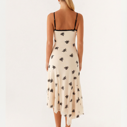 Marsha | Midi Dress with Lace Trim and Floral Embroidery
