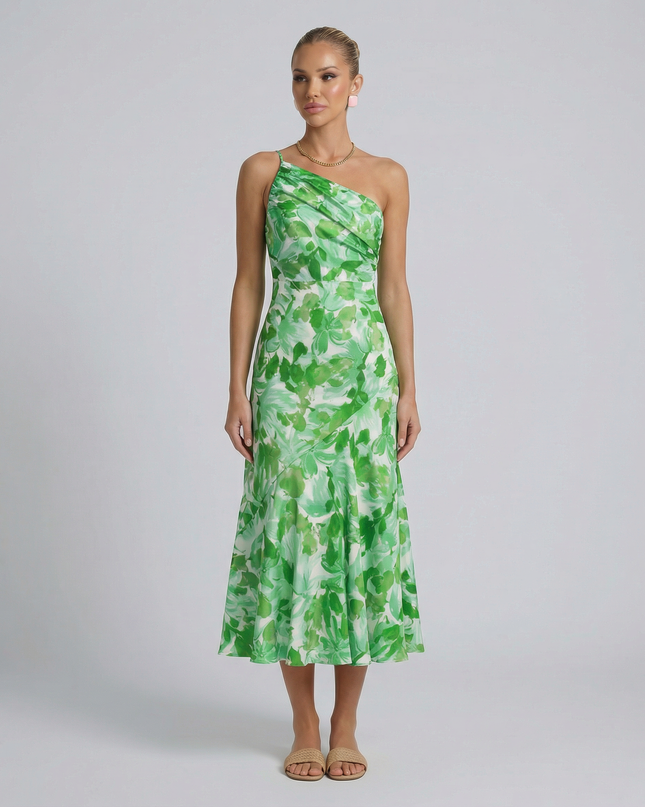 Lizzie | Midi Dress with One Shoulder and Floral Print