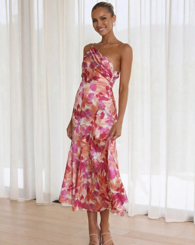 Lizzie | Midi Dress with One Shoulder and Floral Print