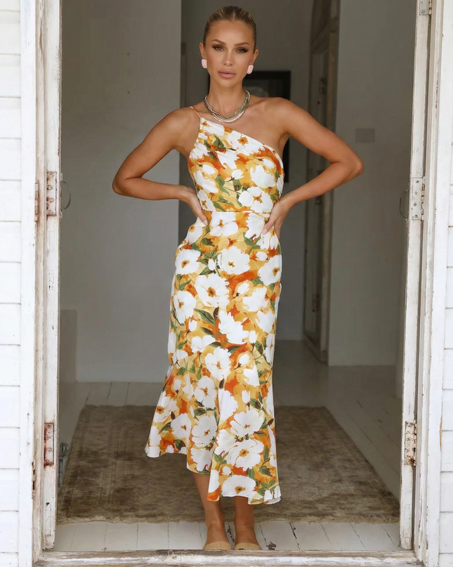 Lizzie | Midi Dress with One Shoulder and Floral Print