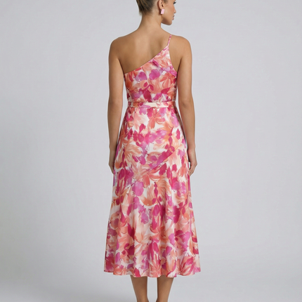 Lizzie | Midi Dress with One Shoulder and Floral Print