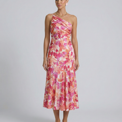 Lizzie | Midi Dress with One Shoulder and Floral Print
