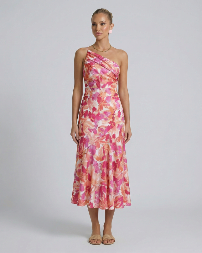 Lizzie | Midi Dress with One Shoulder and Floral Print