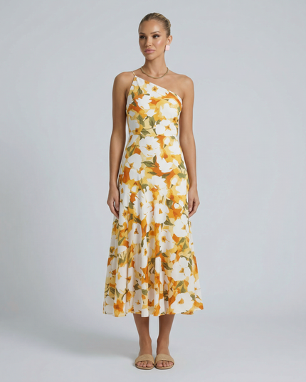 Lizzie | Midi Dress with One Shoulder and Floral Print