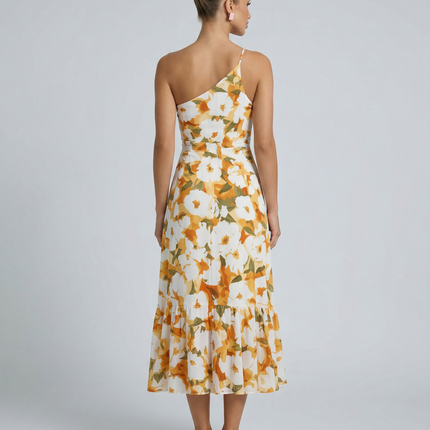 Lizzie | Midi Dress with One Shoulder and Floral Print