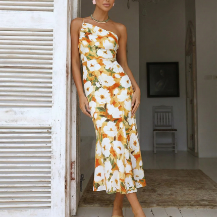 Lizzie | Midi Dress with One Shoulder and Floral Print