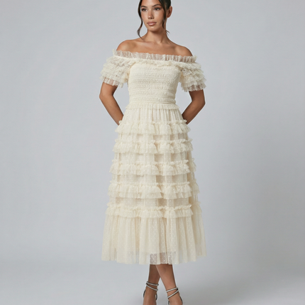 Nadine | Off Shoulder Tulle Dress with Ruffled Tiers