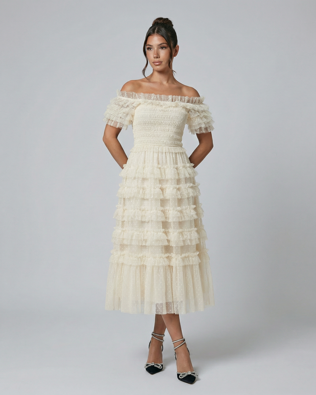 Nadine | Off Shoulder Tulle Dress with Ruffled Tiers
