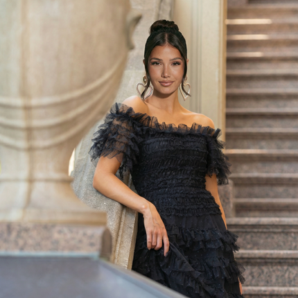 Nadine | Off Shoulder Tulle Dress with Ruffled Tiers