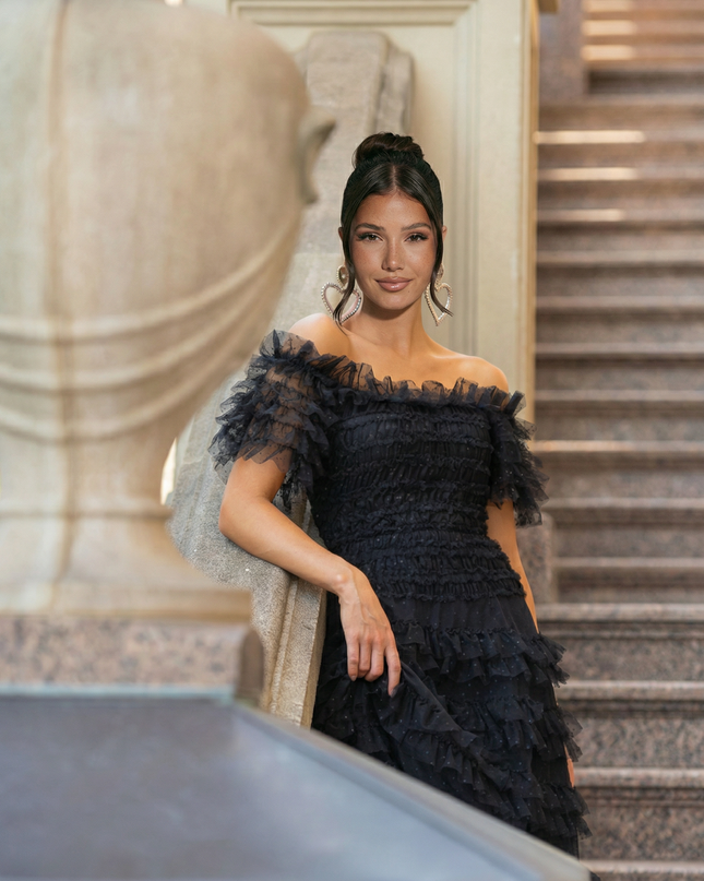 Nadine | Off Shoulder Tulle Dress with Ruffled Tiers