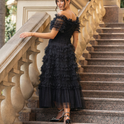 Nadine | Off Shoulder Tulle Dress with Ruffled Tiers