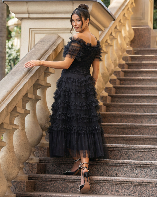 Nadine | Off Shoulder Tulle Dress with Ruffled Tiers
