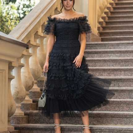 Nadine | Off Shoulder Tulle Dress with Ruffled Tiers