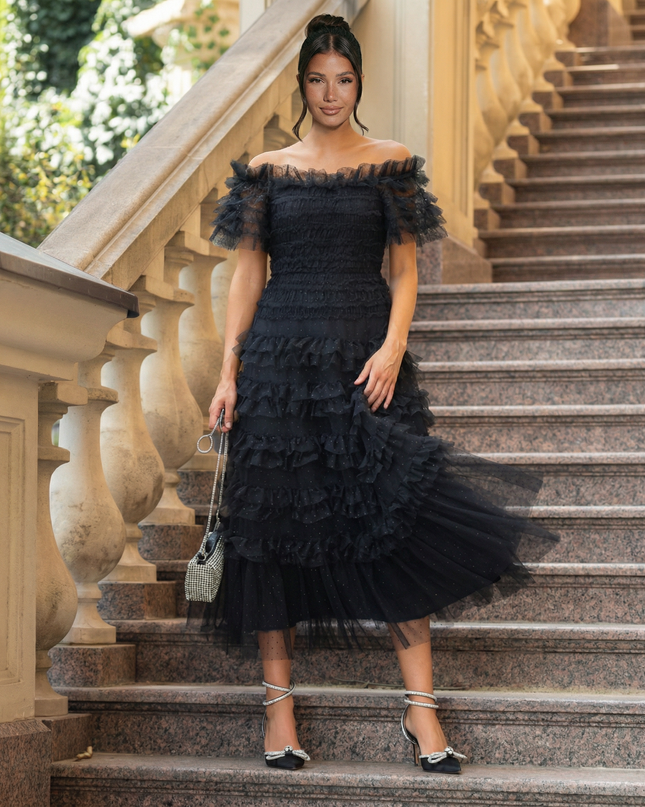 Nadine | Off Shoulder Tulle Dress with Ruffled Tiers