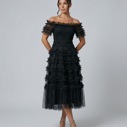 Nadine | Off Shoulder Tulle Dress with Ruffled Tiers