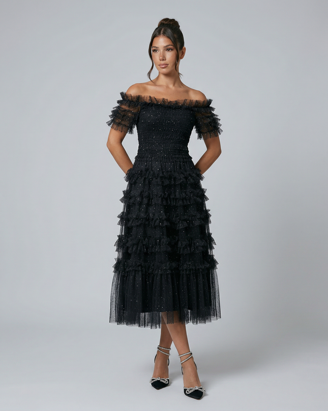 Nadine | Off Shoulder Tulle Dress with Ruffled Tiers