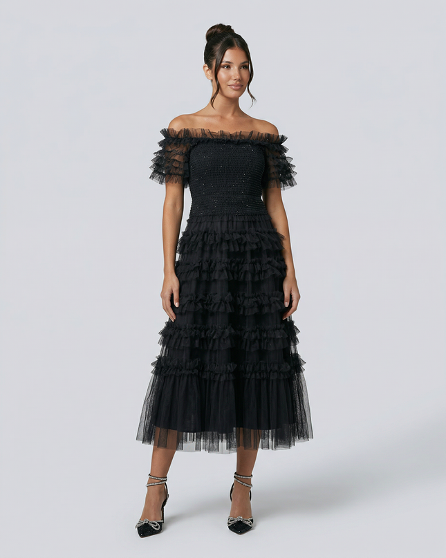 Nadine | Off Shoulder Tulle Dress with Ruffled Tiers