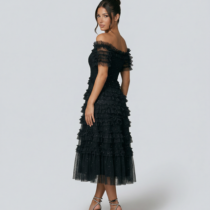 Nadine | Off Shoulder Tulle Dress with Ruffled Tiers
