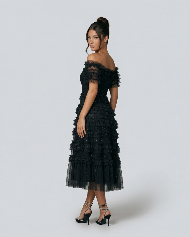 Nadine | Off Shoulder Tulle Dress with Ruffled Tiers