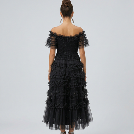 Nadine | Off Shoulder Tulle Dress with Ruffled Tiers