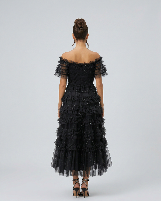 Nadine | Off Shoulder Tulle Dress with Ruffled Tiers