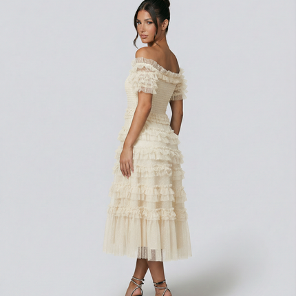 Nadine | Off Shoulder Tulle Dress with Ruffled Tiers