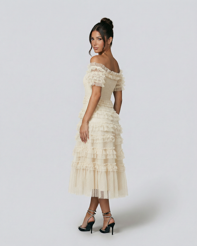 Nadine | Off Shoulder Tulle Dress with Ruffled Tiers