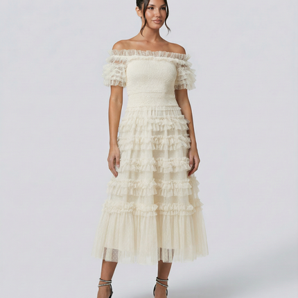 Nadine | Off Shoulder Tulle Dress with Ruffled Tiers