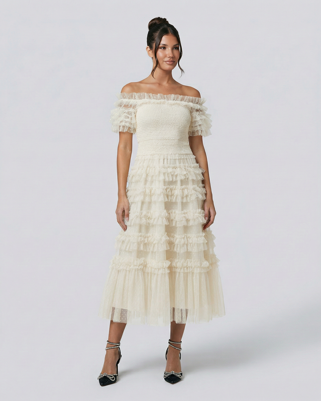 Nadine | Off Shoulder Tulle Dress with Ruffled Tiers