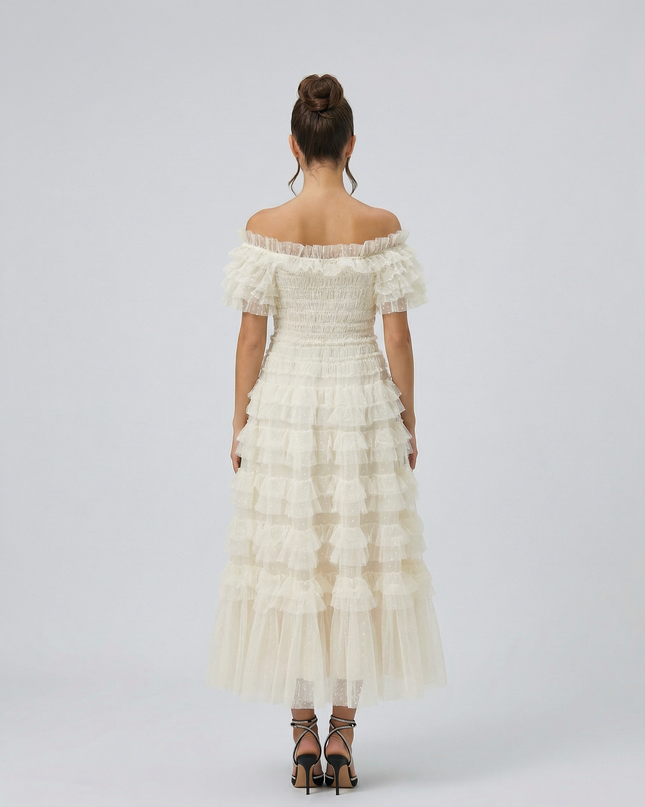 Nadine | Off Shoulder Tulle Dress with Ruffled Tiers