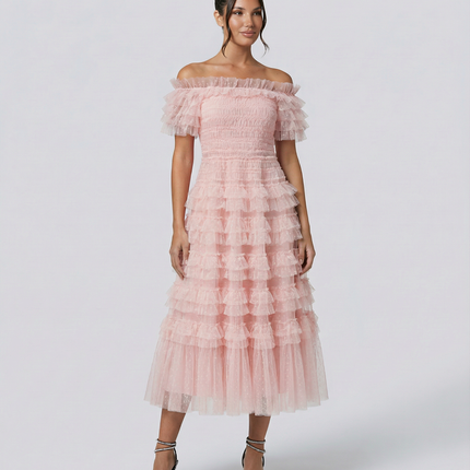 Nadine | Off Shoulder Tulle Dress with Ruffled Tiers