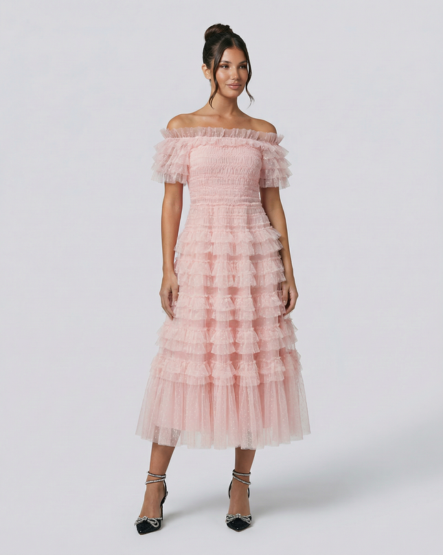Nadine | Off Shoulder Tulle Dress with Ruffled Tiers