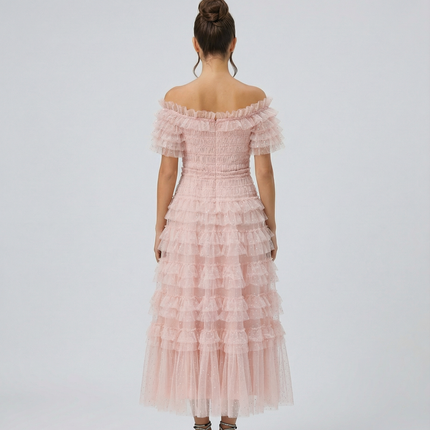 Nadine | Off Shoulder Tulle Dress with Ruffled Tiers