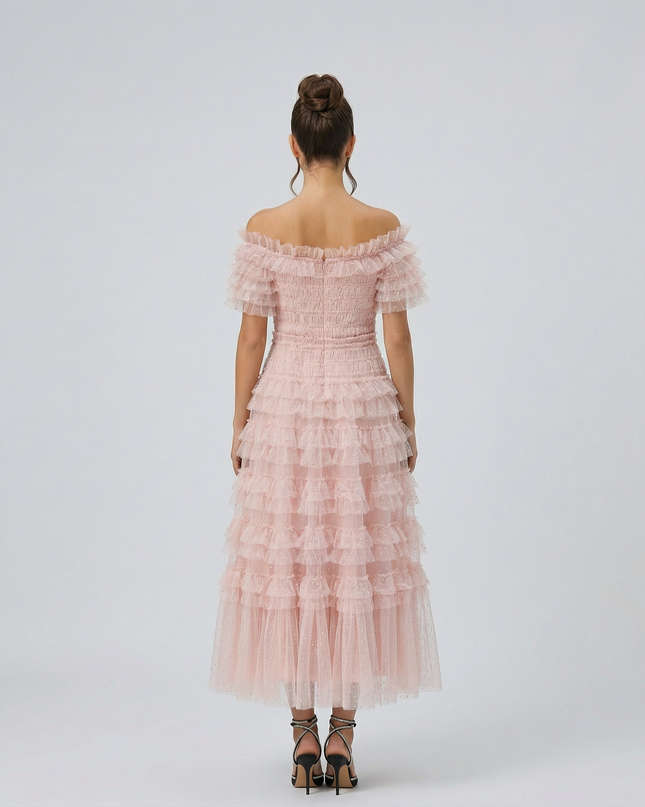 Nadine | Off Shoulder Tulle Dress with Ruffled Tiers