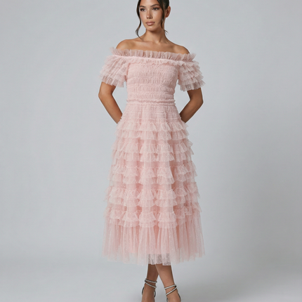 Nadine | Off Shoulder Tulle Dress with Ruffled Tiers