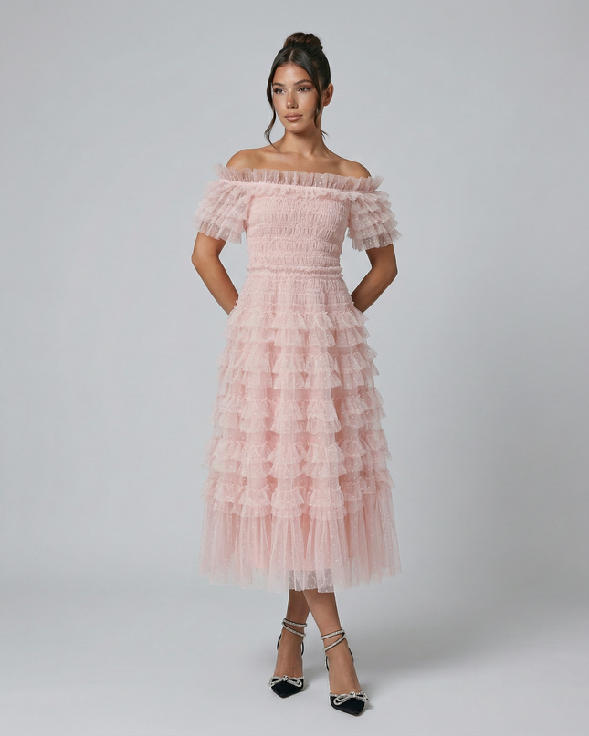 Nadine | Off Shoulder Tulle Dress with Ruffled Tiers