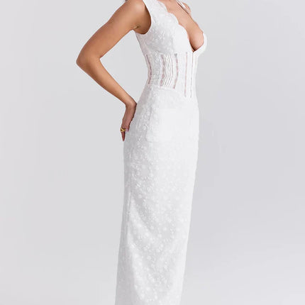 Jane | Maxi Dress with Embroidered Fabric and Deep V Neck
