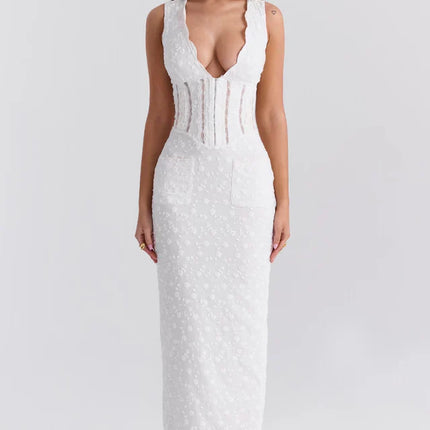 Jane | Maxi Dress with Embroidered Fabric and Deep V Neck