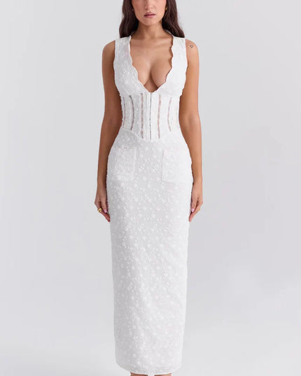 Jane | Maxi Dress with Embroidered Fabric and Deep V Neck