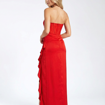 Talia | Satin Maxi Dress with Lace Corset and Ruffle Trim