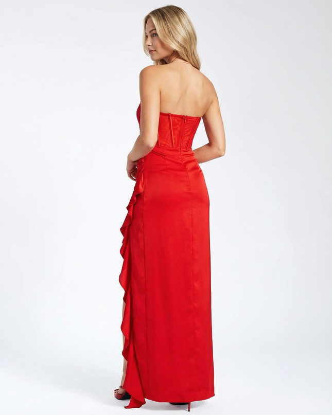 Talia | Satin Maxi Dress with Lace Corset and Ruffle Trim